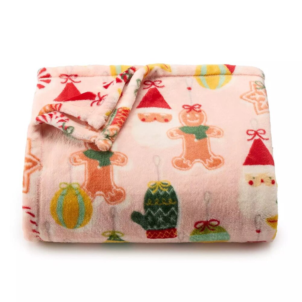 NEW CHRISTMAS ORNAMENTS SOFT THROW BLANKET THE BIG ONE SANTA CLAUS, GINGERBREAD